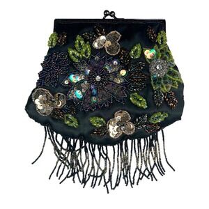 Handmade Black Sequin Beaded Evening Bag Kiss Lock Clasp Fringe Crossbody